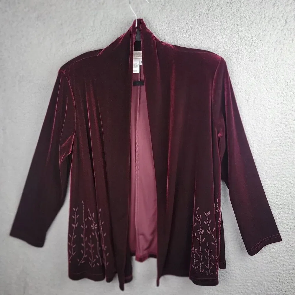 Coldwater Creek Velvet Textured Jacket Wine PM Open Front Luxe Layer